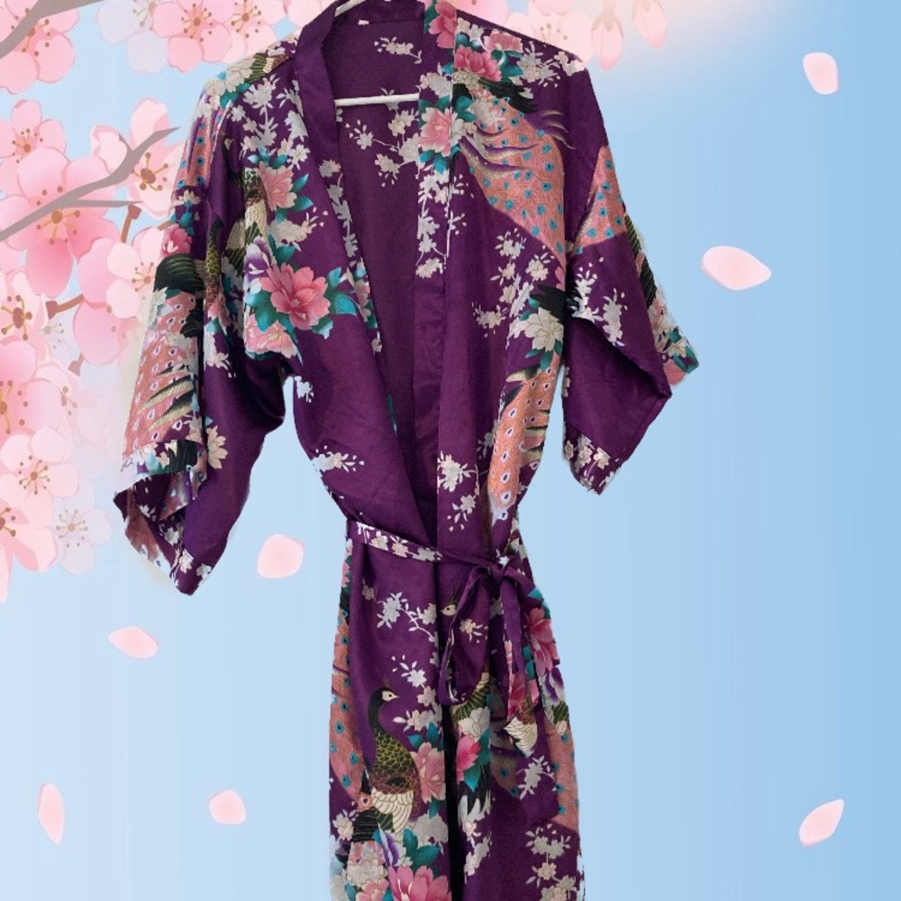 Purple Floral Satin Midi Robe